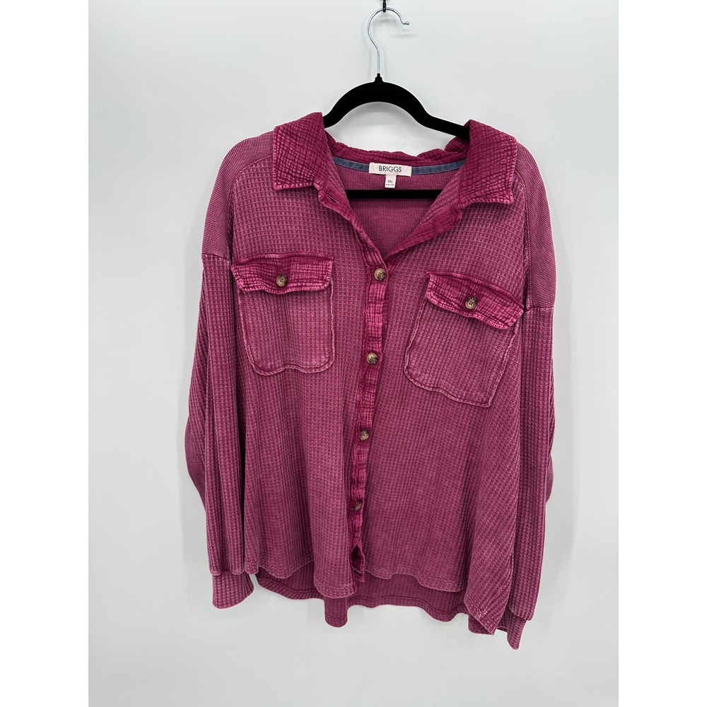 Briggs Women XXL Berry Pink Waffle Knit Thermal Button Down Shirt Pockets Grunge